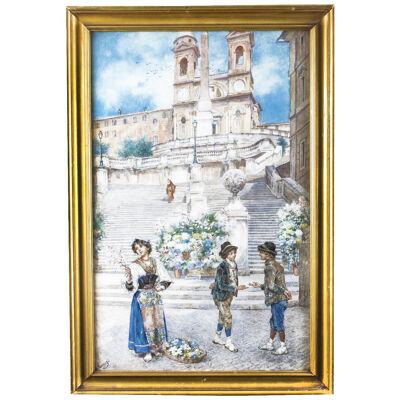 Antique Watercolour Ettore Ascenzi " The Spanish Steps" 19th C