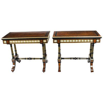 Antique Pair Amboyna Card Console Tables With Porcelain Plaques 19th Century