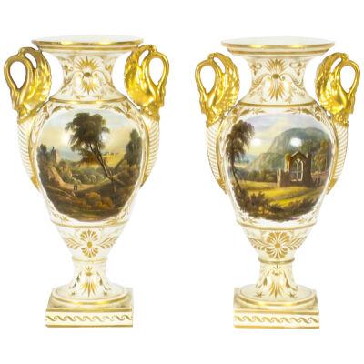 Antique Pair Derby Gilt Swan Neck Handled Ovoid Cabinet Vases 18th Century
