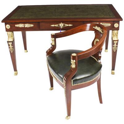 Antique Empire Revival Bureau Plat Desk Writing Table & Armchair 19th C