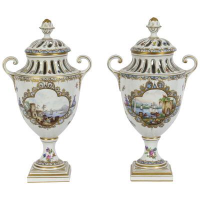 Antique Pair Dresden Porcelain Pot Pourri Lidded Vases Circa 1920 20th C