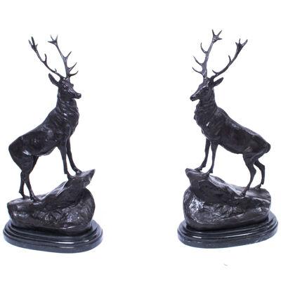 Vintage Pair of Large Bronze Stag Statuettes After Moigniez