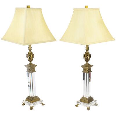 Vintage Pair Corinthian Column Ormolu & Glass Table Lamps Mid 20th Century