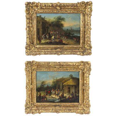 Antique Pair Oil on Canvas Paintings After David Teniers 18th C