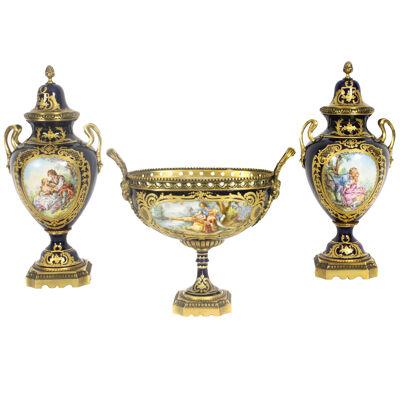 Antique Paris Porcelain & Ormolu Mounted Three Piece Garniture Circa 1900