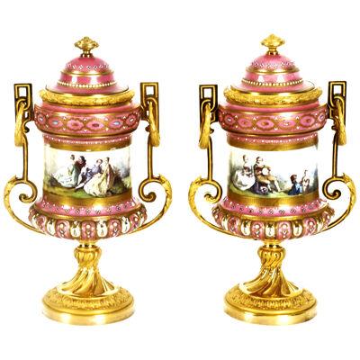 Antique Pair French Ormolu Mounted Pink Sevres Lidded Vases 19th C