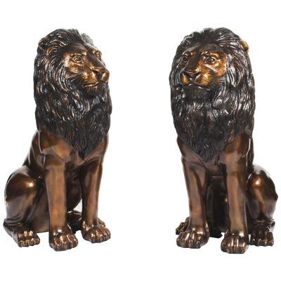 Vintage Pair Cast Bronze Seated Lions 20th Century