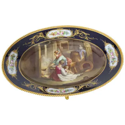 Antique Sevres Porcelain Ormolu Mounted Oval dish 19th Century