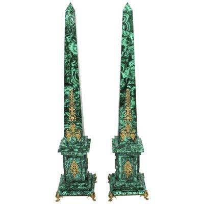 Antique Pair Monumental 4ft Ormolu Mounted Malachite Obelisks C1920