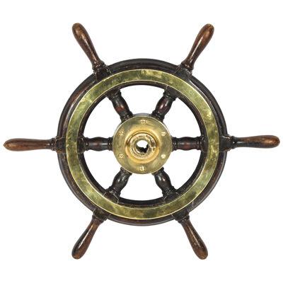 Antique 56cm Teak and Brass Set 6-Spoke Ships Wheel C 1870 19th Century
