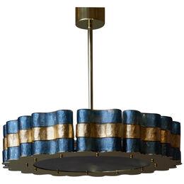Brass and Murano Glass Blue and Gold Round Chandelier