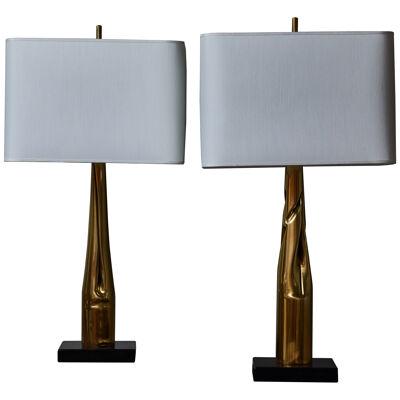 Pair of Brass and Marble Table Lamps by Esperia for Glustin Luminaires
