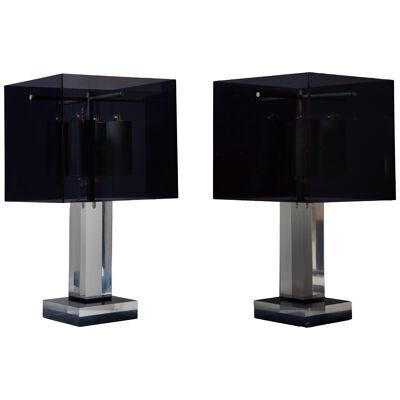 Pair of Large Table Lamp in Clear and Dark Grey Lucite, 1970s