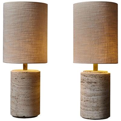 Pair of Cylindrical Travertine Table Lamps