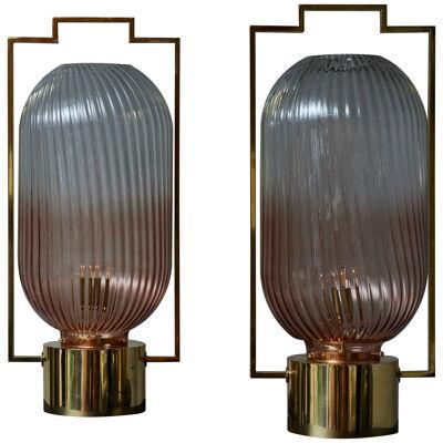 Pair of Brass and Pink Murano Glass Lantern Style Table Lamps