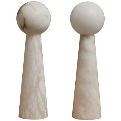 Pair of Large Alabaster Conical Table Lamps with Globes
