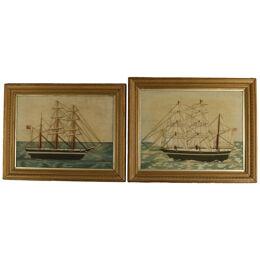 Pair of Sailors Woolwork Pictures of Man-of-War Ships