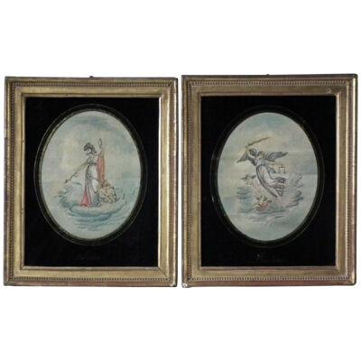 Pair Georgian Embroidered Pictures, Justice & Prudence