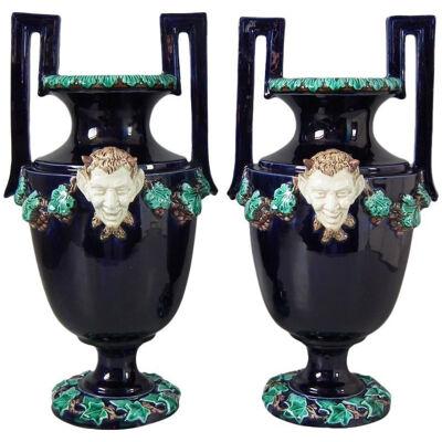 Pair of Hugo Lonitz Majolica Satyr Vases