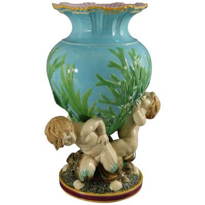 Victorian Minton Majolica Marine Vase with Merboys