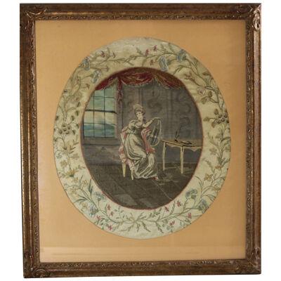Antique Georgian Silkwork Embroidery - Girl with Lyre