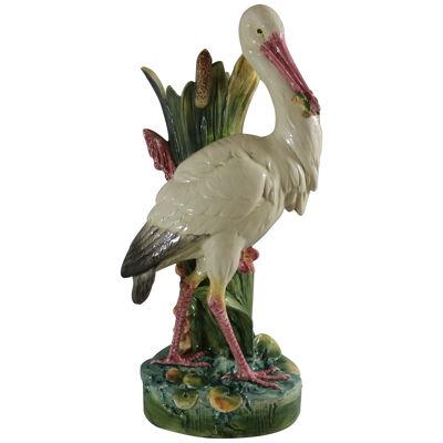 Large Continental Majolica Stork Figural Vase