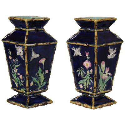 Pair of George Jones Majolica Diamond Shaped Vases