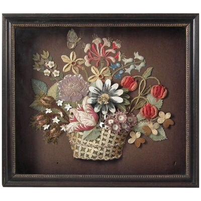 Flowerbasket Raisedwork Embroidery in Shadow Box Frame