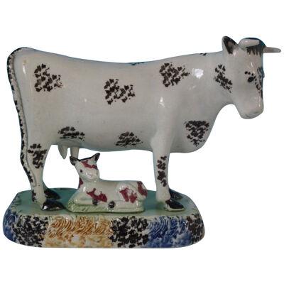 Staffordshire Yorkshire Pottery Prattware Cow & Calf Group