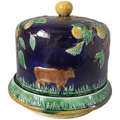Majolica Cow & apple tree cheese dome & stand