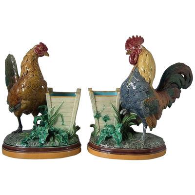Pair of Minton Majolica Hen and Rooster Vases by John Henk