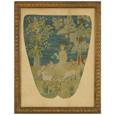 18th Century Tent Stitch Embroidered Picture of a Shepherd