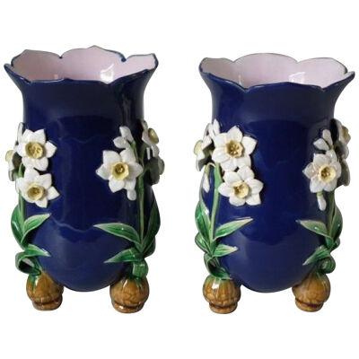 Pair Minton Majolica Daffodil Vases