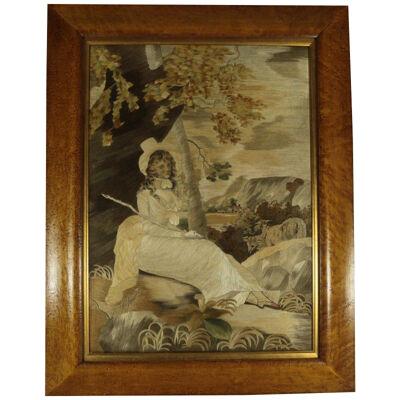 Antique Georgian Silkwork Embroidery Picture - Girl with Sheep