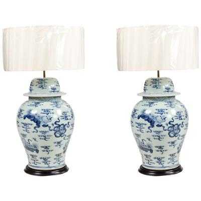 Large Pair of Early 20th Century Blue & White Ginger Jars Converted to Lamps