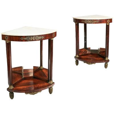 Early 19th Century Empire Pair of Mahogany Marble Topped Corner Console Tables
