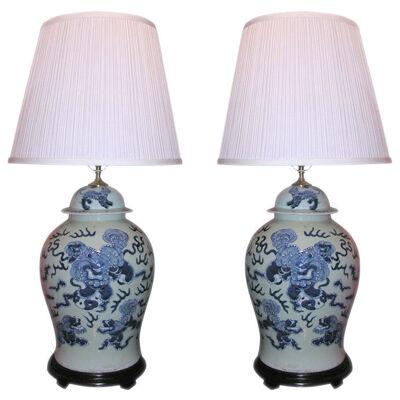 Pair Of Chinese Blue And White Temple Jar Lamps