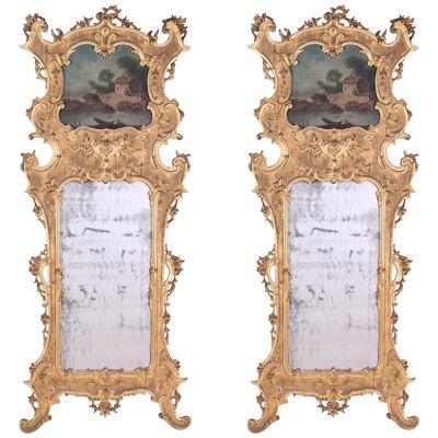 Pair 19th Century Giltwood Trumeau Pier Mirrors With Period Compartmental Plates
