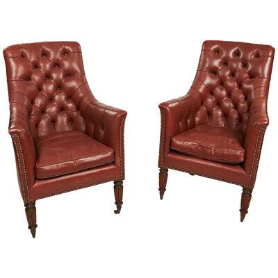 Pair of Buttoned Leather Library Armchairs