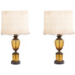 Early 20th Century Pair Amber Glass & Bronze Lamps