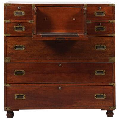 19th Century Mahogany Military Chest With Miniature Fall Front Secretaire