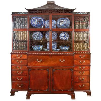 19th Century George III Chinese Chippendale Breakfront Display Cabinet