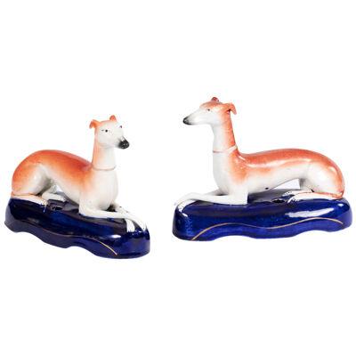 19th Century Pair Staffordshire Pottery Greyhounds