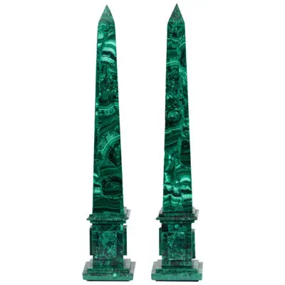 Pair Early 20th Century Neoclassical-Style Green Malachite Obelisks