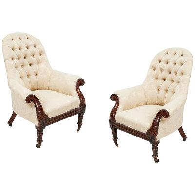 19th Century Pair of Round-back Upholstered Armchairs