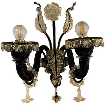 Contemporary Floral Venetian Black and Gold-Leaf Murano Glass Wall Sconce