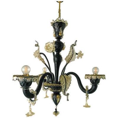 Venetian Black and Gold Murano Style Glass Chandelier With Flowers and Leaves