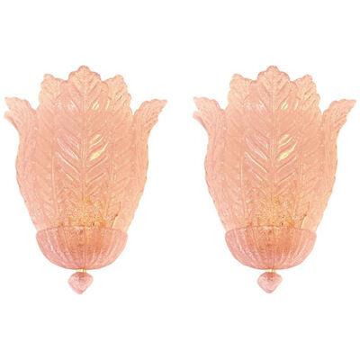 Contemporary Pink Murano Glass Leaf Wall Sconces - a Pair