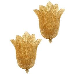 Set of Two Transparent and Gold Graniglia “Leaf” Murano Glass Wall Sconces