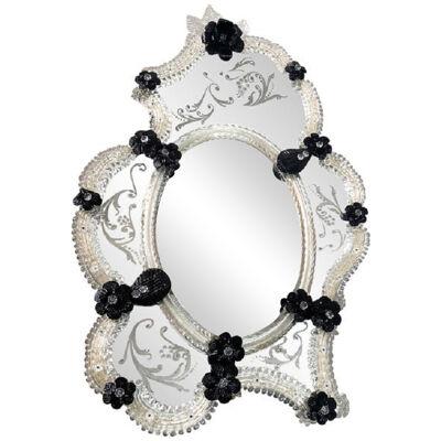Venetian Black Floreal Hand-Carving Mirror in Murano Glass Style